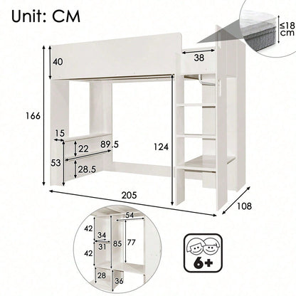 Kinderbett, Hochbett Einzelbett 90 x 200 cm, Vielseitiges 3-in-1 Holzbett- Mit Aufbewahrungsfächern, Kleiderschrank, offenen Regaleinheiten und Treppe, Weiß