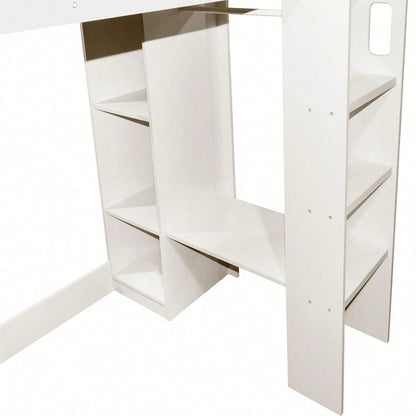 Kinderbett, Hochbett Einzelbett 90 x 200 cm, Vielseitiges 3-in-1 Holzbett- Mit Aufbewahrungsfächern, Kleiderschrank, offenen Regaleinheiten und Treppe, Weiß