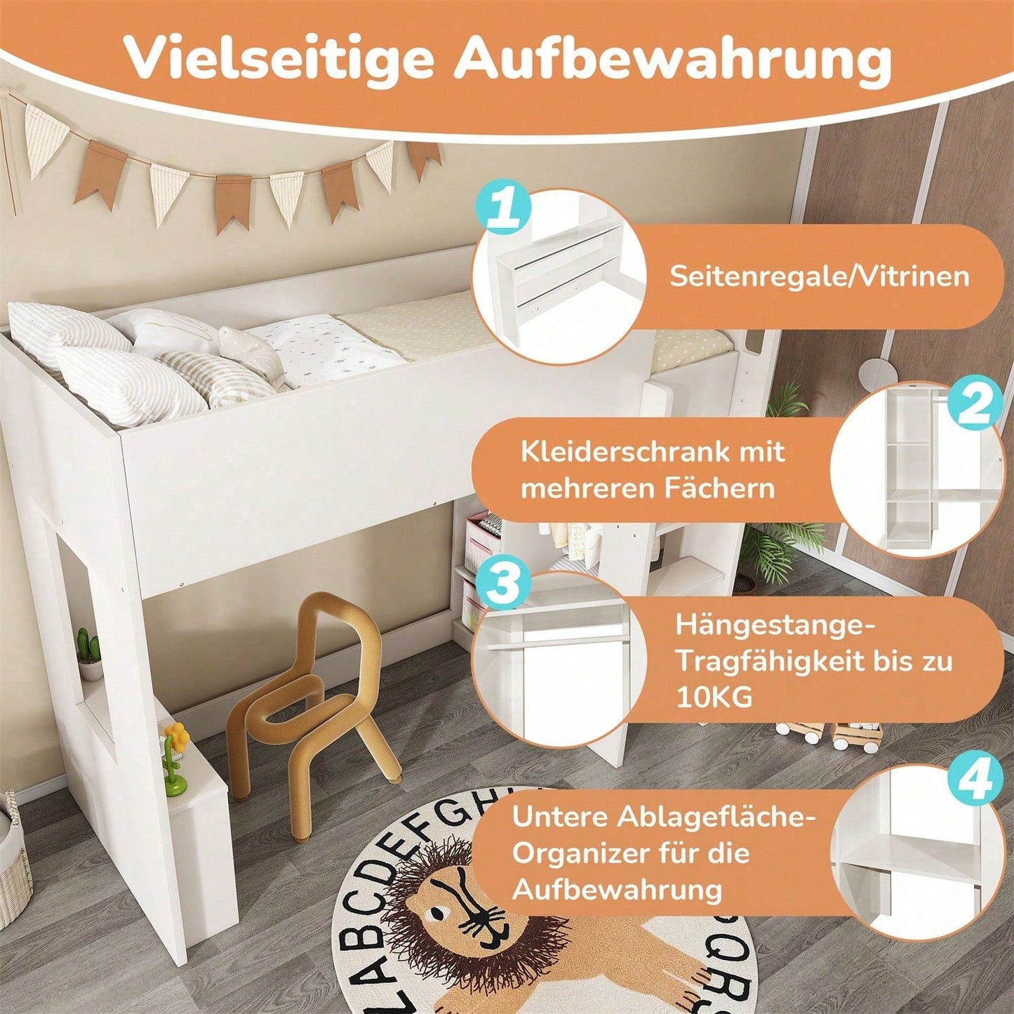 Kinderbett, Hochbett Einzelbett 90 x 200 cm, Vielseitiges 3-in-1 Holzbett- Mit Aufbewahrungsfächern, Kleiderschrank, offenen Regaleinheiten und Treppe, Weiß