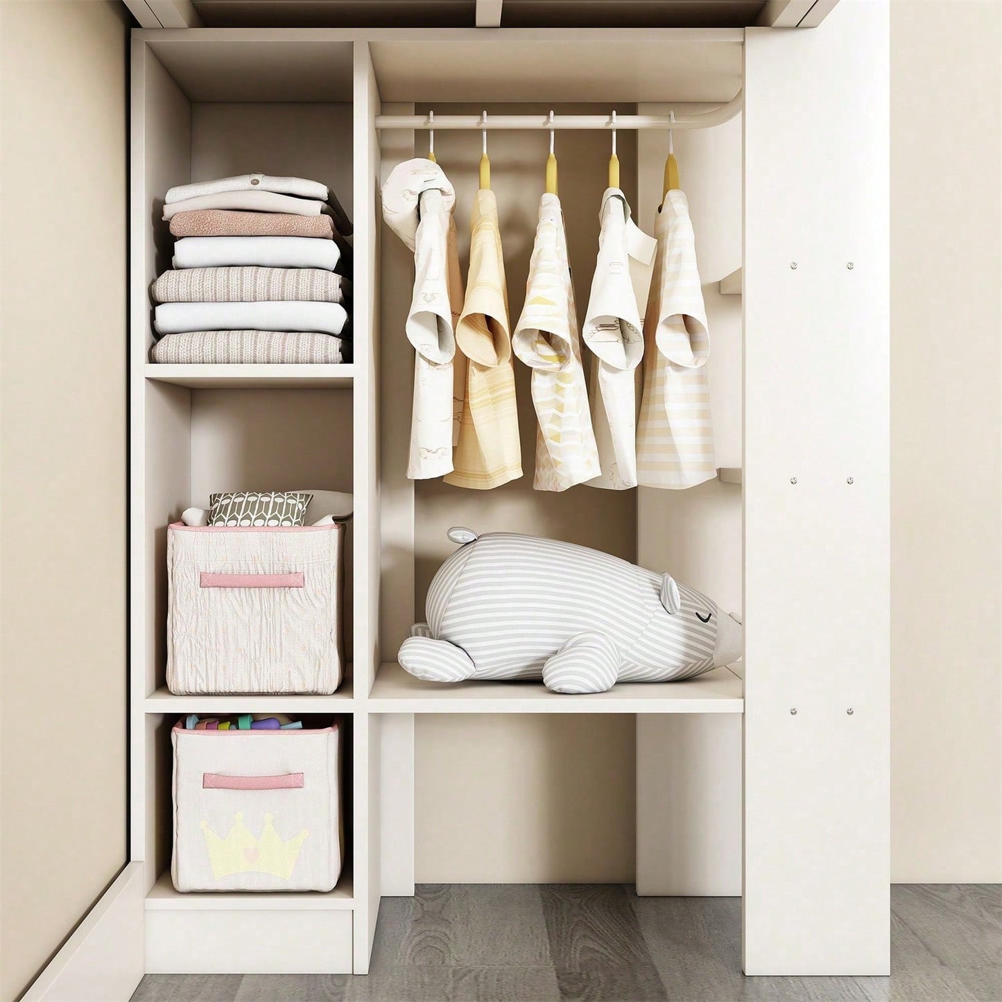 Kinderbett, Hochbett Einzelbett 90 x 200 cm, Vielseitiges 3-in-1 Holzbett- Mit Aufbewahrungsfächern, Kleiderschrank, offenen Regaleinheiten und Treppe, Weiß