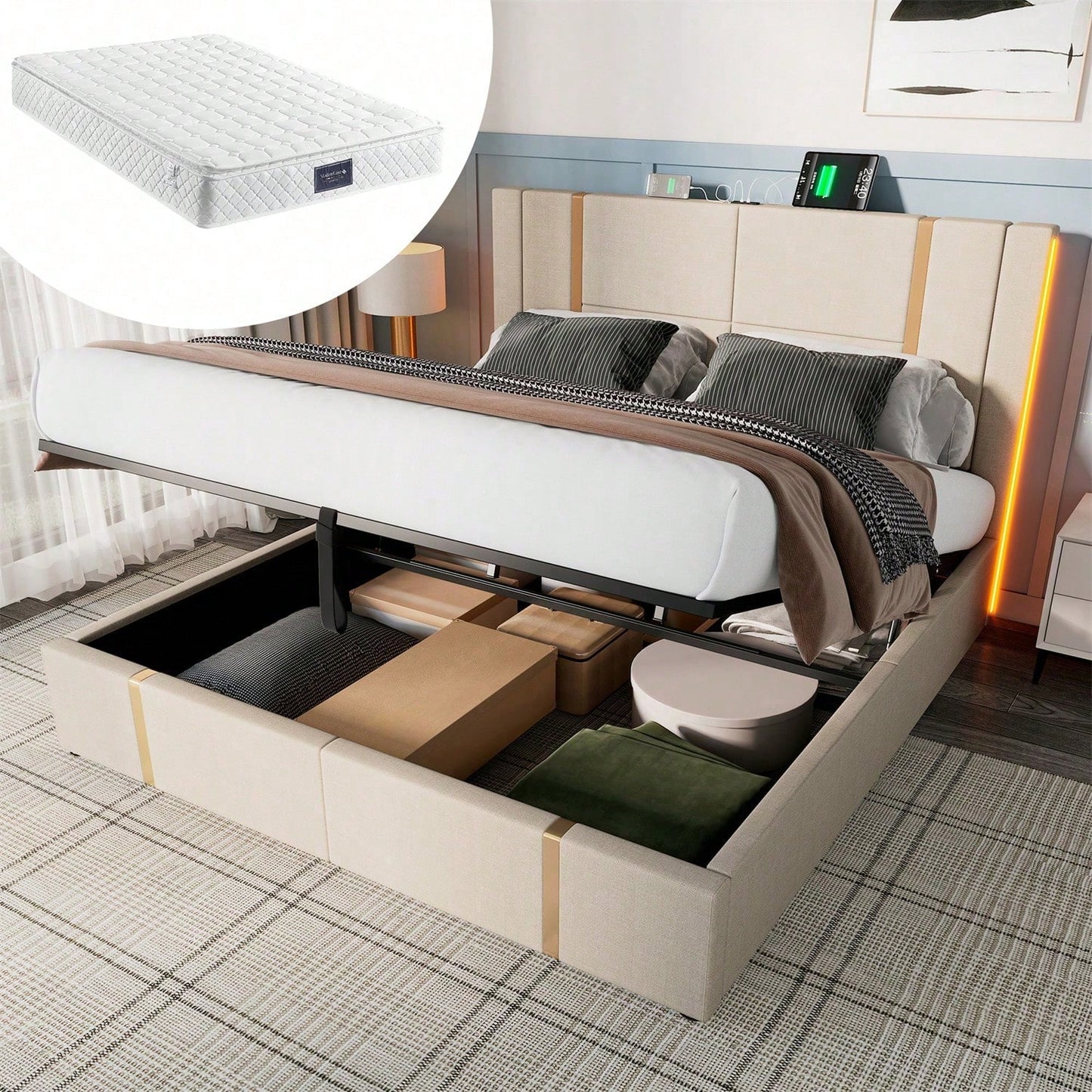 Polsterbett Doppelbett USB Type C Ladefunktion APP-Control LED 160*200 Stauraumbetten Bettgestell, Lattenrost aus Holz,Beige Leinenmaterial