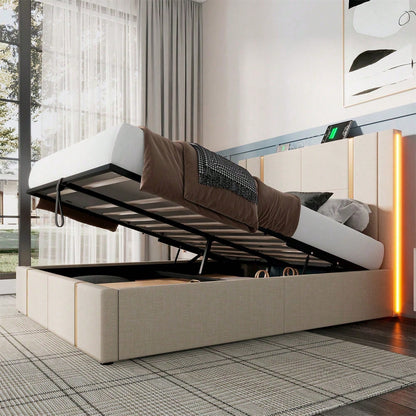 Polsterbett Doppelbett USB Type C Ladefunktion APP-Control LED 160*200 Stauraumbetten Bettgestell, Lattenrost aus Holz,Beige Leinenmaterial