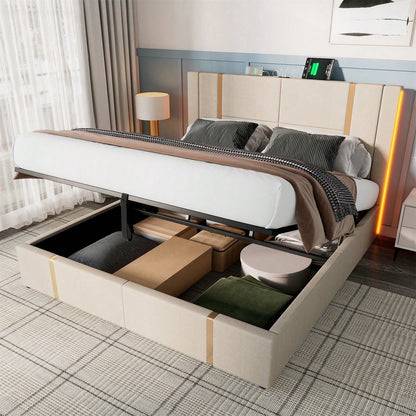 Polsterbett Doppelbett USB Type C Ladefunktion APP-Control LED 160*200 Stauraumbetten Bettgestell, Lattenrost aus Holz,Beige Leinenmaterial