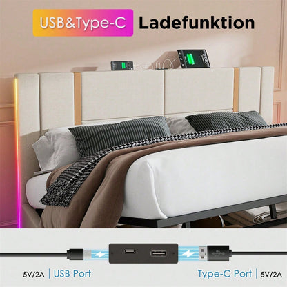 Polsterbett Doppelbett USB Type C Ladefunktion APP-Control LED 160*200 Stauraumbetten Bettgestell, Lattenrost aus Holz,Beige Leinenmaterial