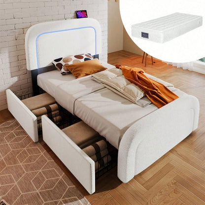 Bettgestell mit USB Typ C Ladefunktion LED-Beleuchtung und 2 Schubladen, Einzelbett Polsterbett 90x200cm, Höhenverstellbarem Kopfteil, Lattenrost aus Holz, Sherp-Weiß