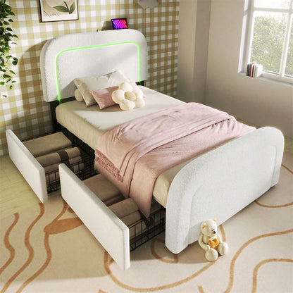 Bettgestell mit USB Typ C Ladefunktion LED-Beleuchtung und 2 Schubladen, Einzelbett Polsterbett 90x200cm, Höhenverstellbarem Kopfteil, Lattenrost aus Holz, Sherp-Weiß