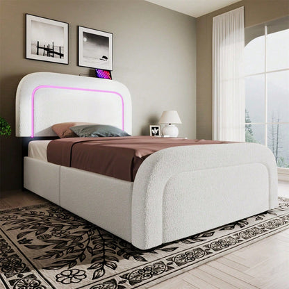 Bettgestell mit USB Typ C Ladefunktion LED-Beleuchtung und 2 Schubladen, Einzelbett Polsterbett 90x200cm, Höhenverstellbarem Kopfteil, Lattenrost aus Holz, Sherp-Weiß