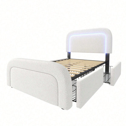 Bettgestell mit USB Typ C Ladefunktion LED-Beleuchtung und 2 Schubladen, Einzelbett Polsterbett 90x200cm, Höhenverstellbarem Kopfteil, Lattenrost aus Holz, Sherp-Weiß