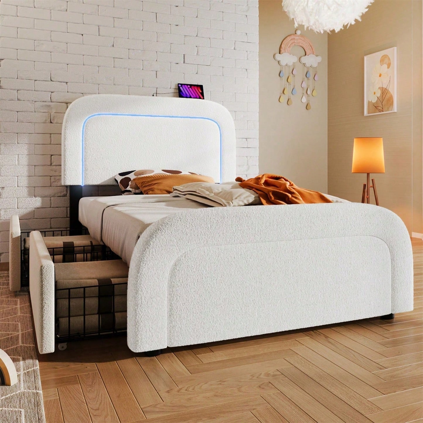 Bettgestell mit USB Typ C Ladefunktion LED-Beleuchtung und 2 Schubladen, Einzelbett Polsterbett 90x200cm, Höhenverstellbarem Kopfteil, Lattenrost aus Holz, Sherp-Weiß