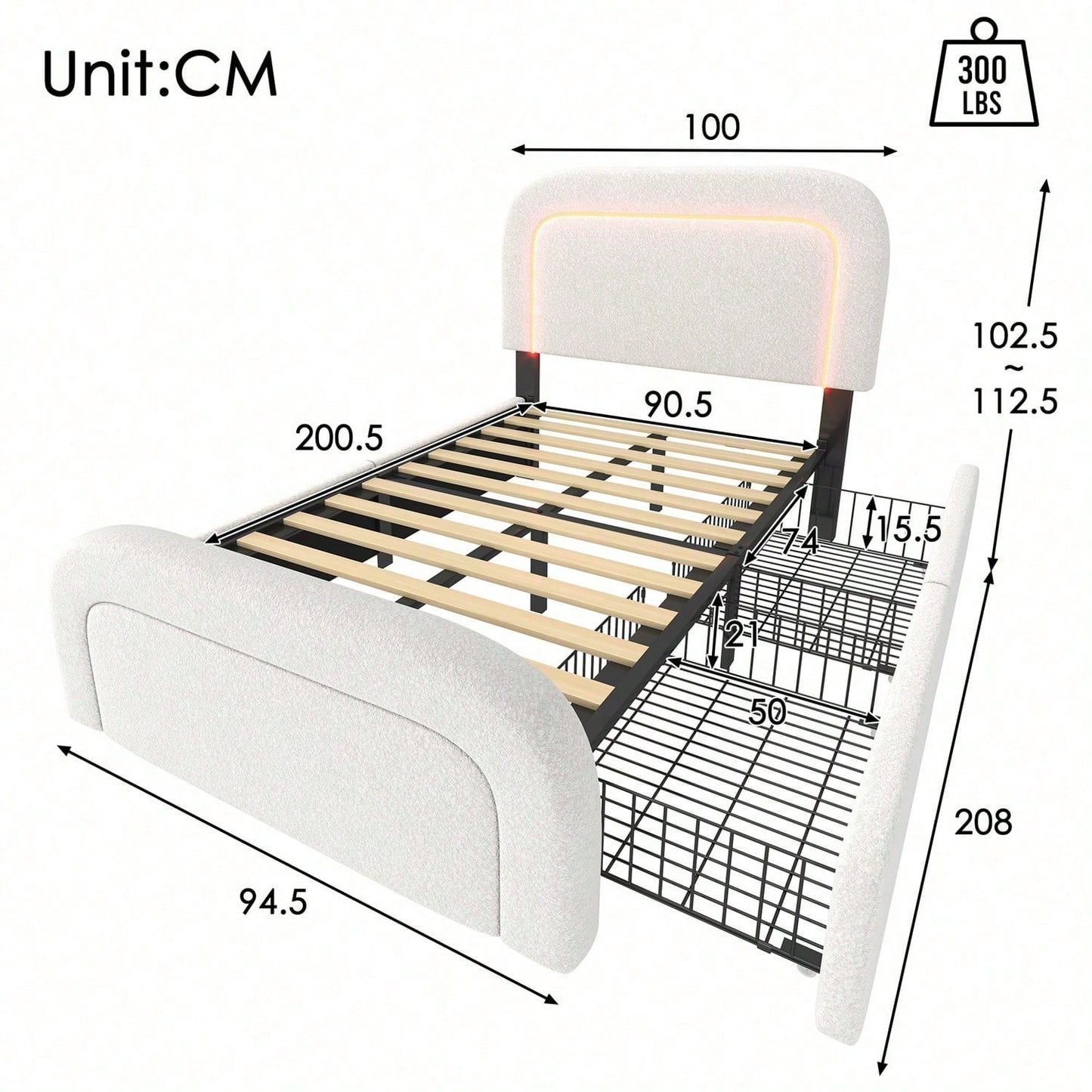 Bettgestell mit USB Typ C Ladefunktion LED-Beleuchtung und 2 Schubladen, Einzelbett Polsterbett 90x200cm, Höhenverstellbarem Kopfteil, Lattenrost aus Holz, Sherp-Weiß