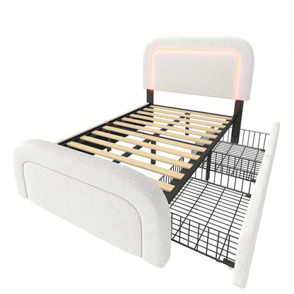 Bettgestell mit USB Typ C Ladefunktion LED-Beleuchtung und 2 Schubladen, Einzelbett Polsterbett 90x200cm, Höhenverstellbarem Kopfteil, Lattenrost aus Holz, Sherp-Weiß