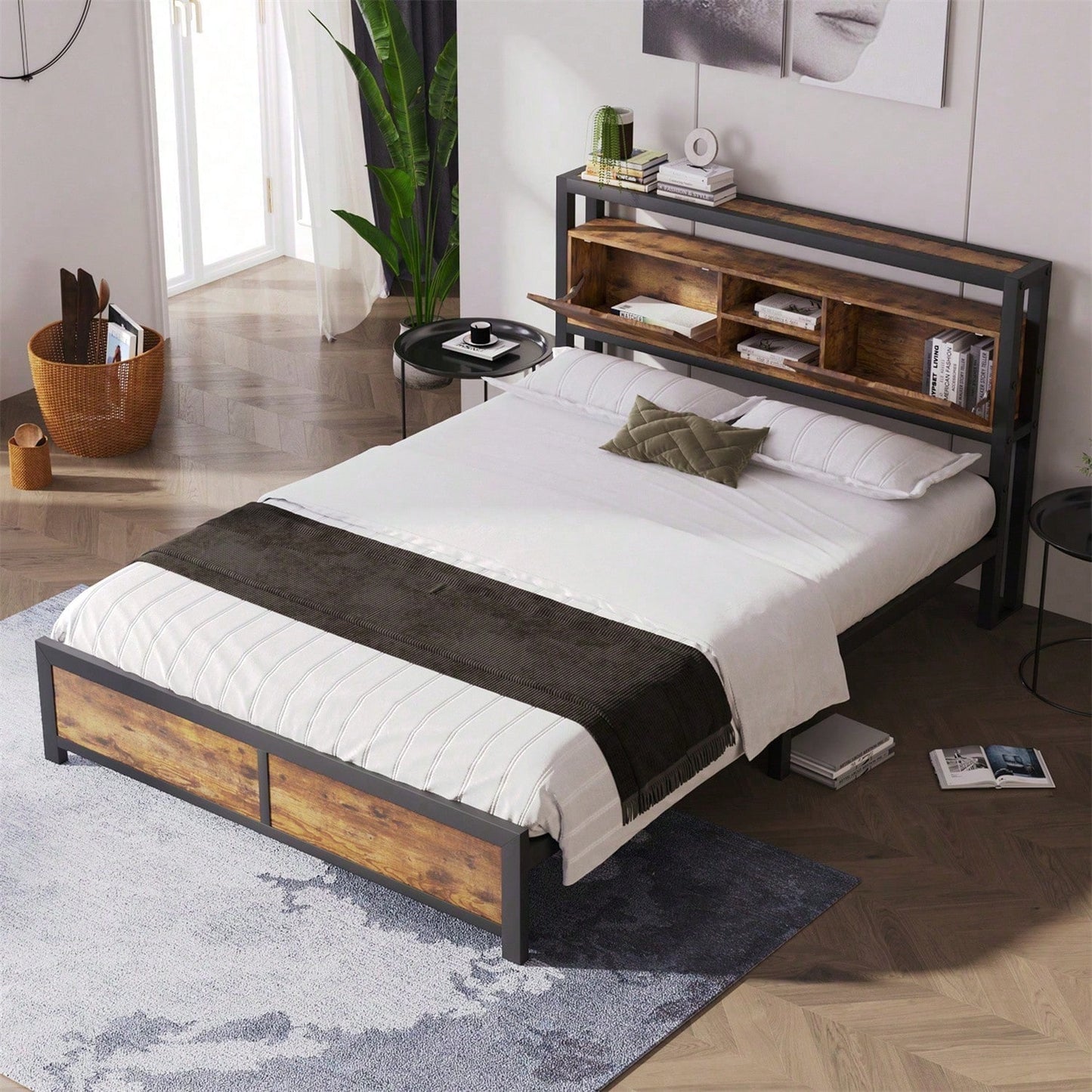 Metallbett Jugendbetten Doppelbett 140 x 200 cm mit Stauraum-Kopfteil und Metall Lattenrost, Kinderbett Metall Bettgestell Bettrahmen Für Erwachsene, Kinder, Jugendliche