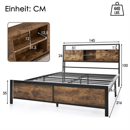 Metallbett Jugendbetten Doppelbett 140 x 200 cm mit Stauraum-Kopfteil und Metall Lattenrost, Kinderbett Metall Bettgestell Bettrahmen Für Erwachsene, Kinder, Jugendliche