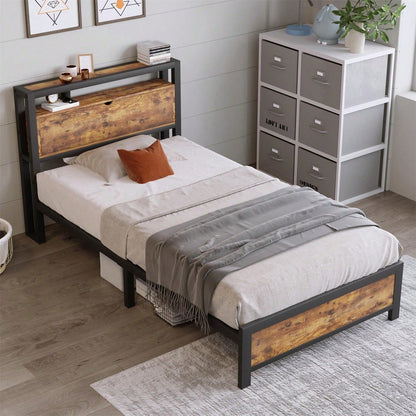 Metallbett Jugendbetten Einzelbett 90 x 200 cm mit Stauraum-Kopfteil und Metall Lattenrost, Kinderbett Metall Bettgestell Bettrahmen Für Erwachsene, Kinder, Jugendliche,Schwarz Industrielles Bett