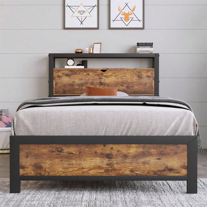 Metallbett Jugendbetten Einzelbett 90 x 200 cm mit Stauraum-Kopfteil und Metall Lattenrost, Kinderbett Metall Bettgestell Bettrahmen Für Erwachsene, Kinder, Jugendliche,Schwarz Industrielles Bett