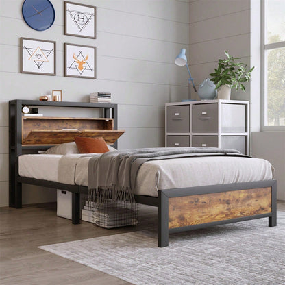 Metallbett Jugendbetten Einzelbett 90 x 200 cm mit Stauraum-Kopfteil und Metall Lattenrost, Kinderbett Metall Bettgestell Bettrahmen Für Erwachsene, Kinder, Jugendliche,Schwarz Industrielles Bett
