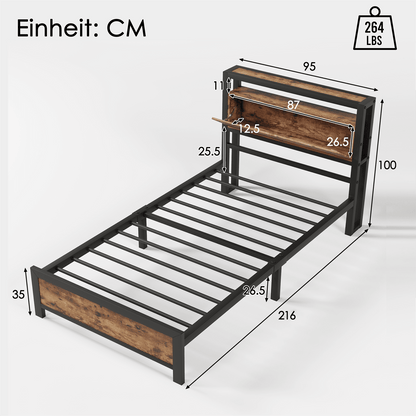 Metallbett Jugendbetten Einzelbett 90 x 200 cm mit Stauraum-Kopfteil und Metall Lattenrost, Kinderbett Metall Bettgestell Bettrahmen Für Erwachsene, Kinder, Jugendliche,Schwarz Industrielles Bett