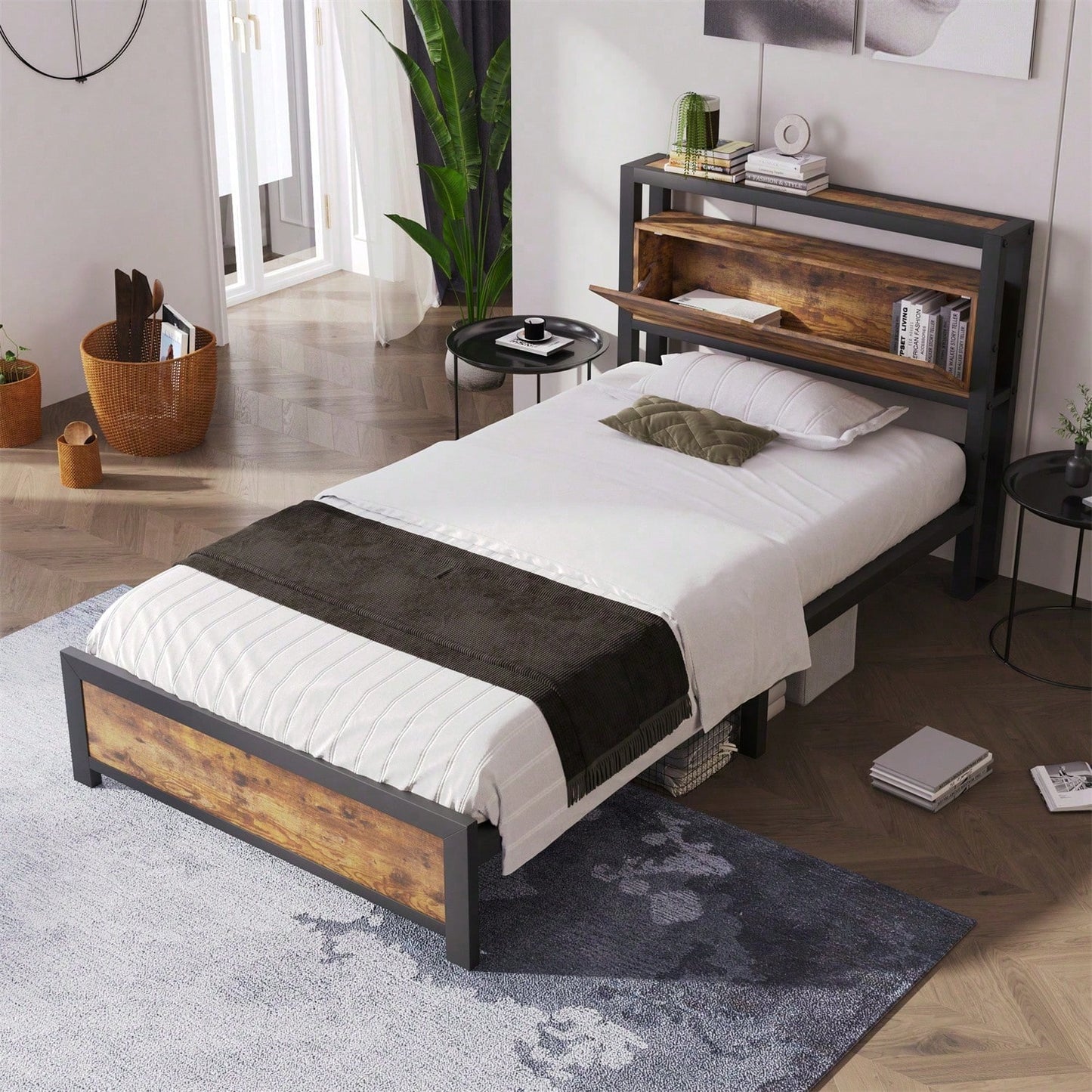 Metallbett Jugendbetten Einzelbett 90 x 200 cm mit Stauraum-Kopfteil und Metall Lattenrost, Kinderbett Metall Bettgestell Bettrahmen Für Erwachsene, Kinder, Jugendliche,Schwarz Industrielles Bett