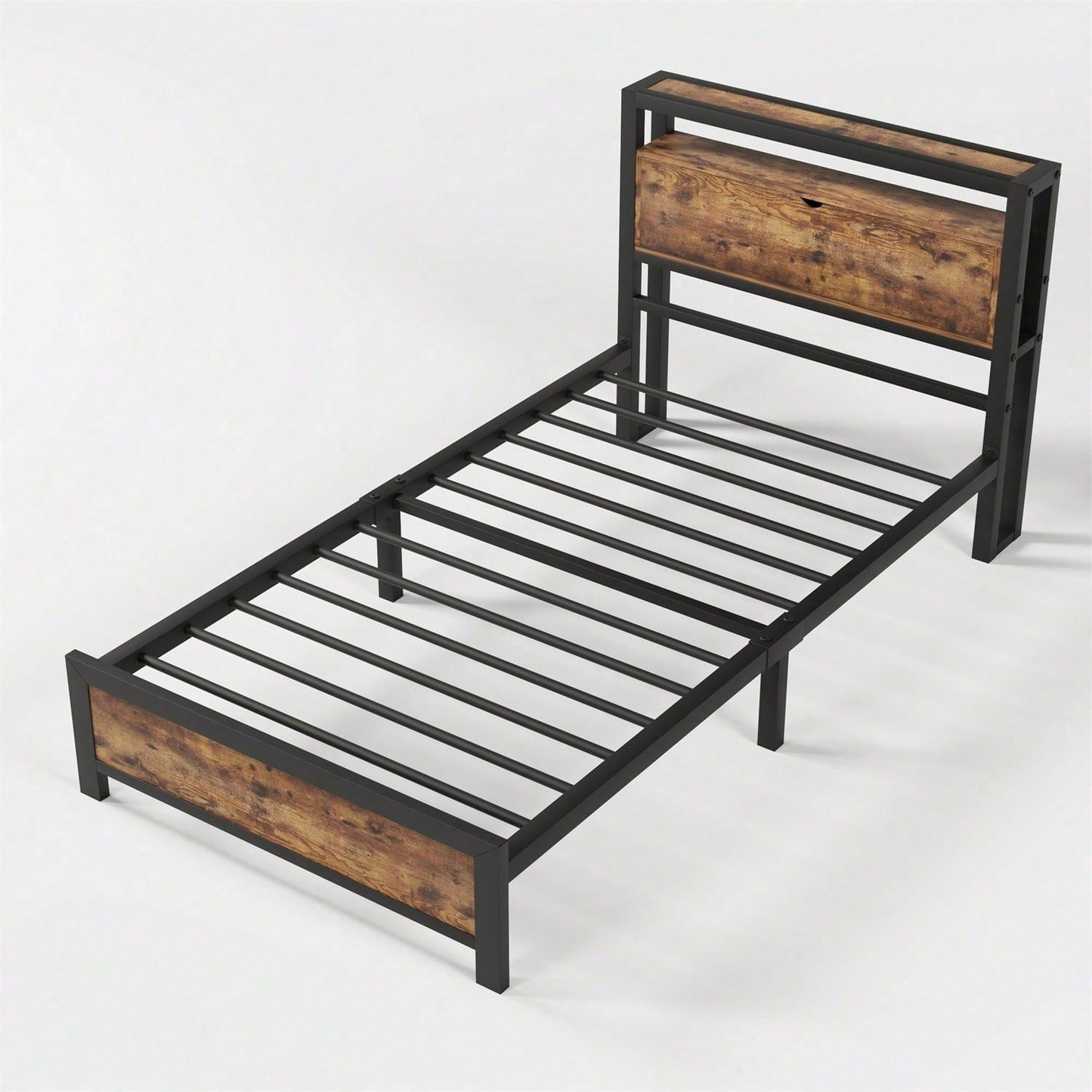 Metallbett Jugendbetten Einzelbett 90 x 200 cm mit Stauraum-Kopfteil und Metall Lattenrost, Kinderbett Metall Bettgestell Bettrahmen Für Erwachsene, Kinder, Jugendliche,Schwarz Industrielles Bett