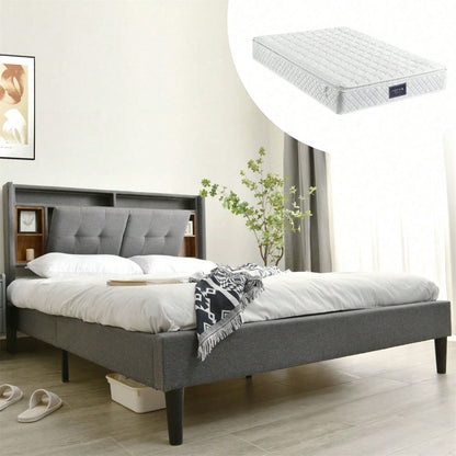 Polsterbett Doppelbett Stauraum-Kopfteil Bett mit aufladen USB und LED-Beleuchtung Bettgestell Lattenrost aus Holz,140*200CM Grau