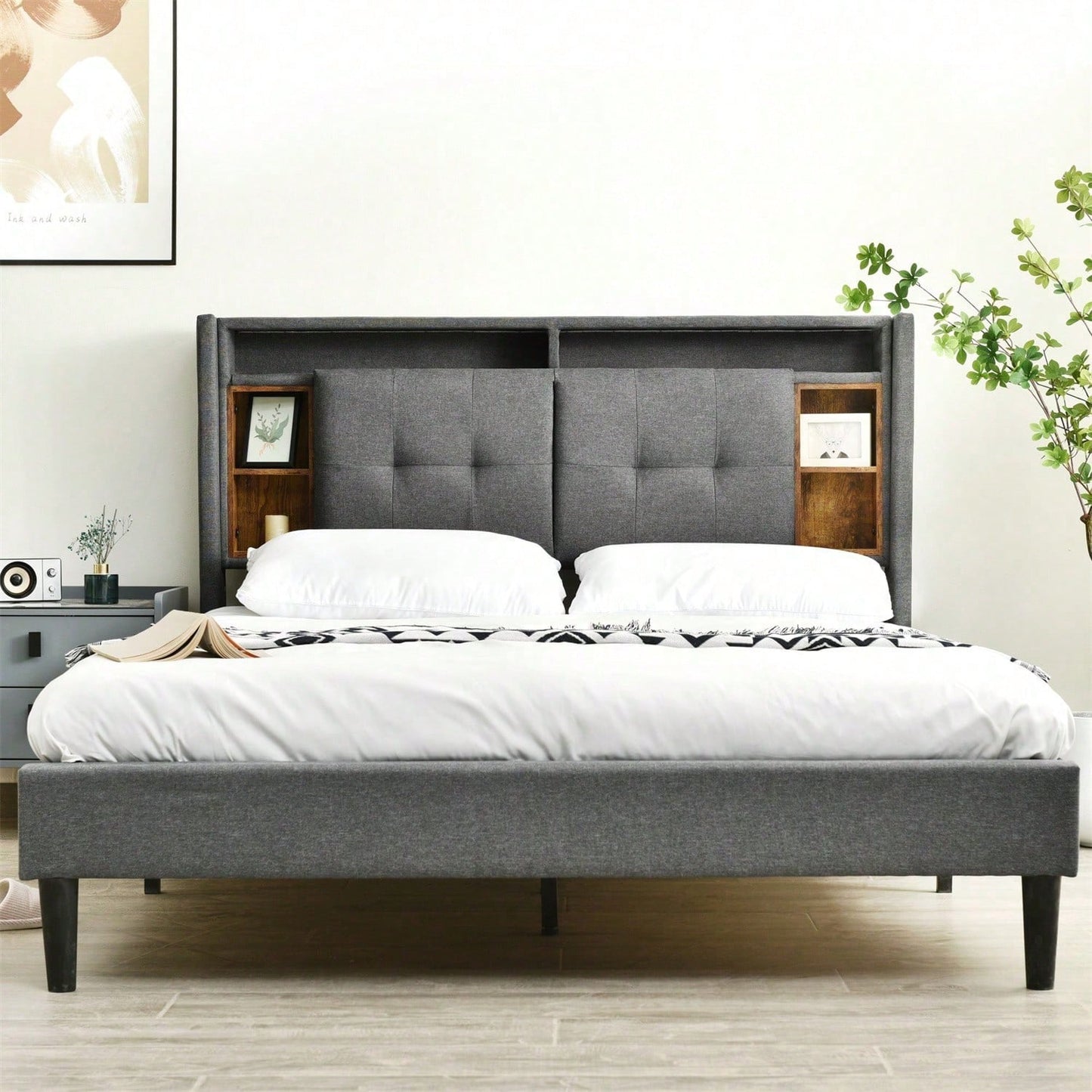Polsterbett Doppelbett Stauraum-Kopfteil Bett mit aufladen USB und LED-Beleuchtung Bettgestell Lattenrost aus Holz,140*200CM Grau