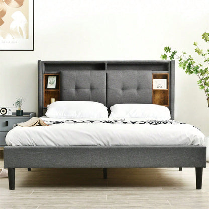 Polsterbett Doppelbett Stauraum-Kopfteil Bett mit aufladen USB und LED-Beleuchtung Bettgestell Lattenrost aus Holz,140*200CM Grau