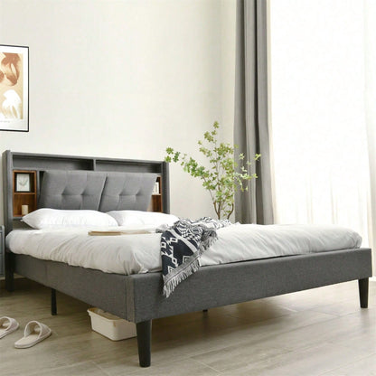 Polsterbett Doppelbett Stauraum-Kopfteil Bett mit aufladen USB und LED-Beleuchtung Bettgestell Lattenrost aus Holz,140*200CM Grau