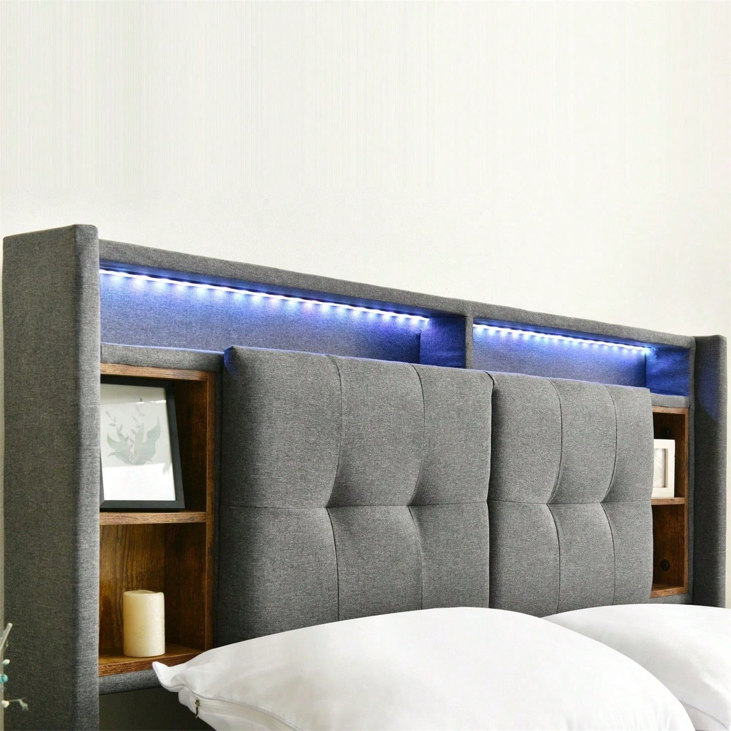 Polsterbett Doppelbett Stauraum-Kopfteil Bett mit aufladen USB und LED-Beleuchtung Bettgestell Lattenrost aus Holz,140*200CM Grau