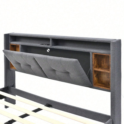 Polsterbett Doppelbett Stauraum-Kopfteil Bett mit aufladen USB und LED-Beleuchtung Bettgestell Lattenrost aus Holz,140*200CM Grau
