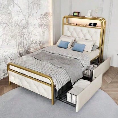Polsterbett Einzelbett mit aufladen USB Type C Ladefunktion APP-Control LED Bettgestell Metallbett 90*200 Bettrahmen und 2 Schubladen, Samt