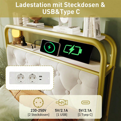 Polsterbett Einzelbett mit aufladen USB Type C Ladefunktion APP-Control LED Bettgestell Metallbett 90*200 Bettrahmen und 2 Schubladen, Samt