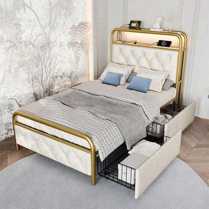 Polsterbett Einzelbett mit aufladen USB Type C Ladefunktion APP-Control LED Bettgestell Metallbett 90*200 Bettrahmen und 2 Schubladen, Samt