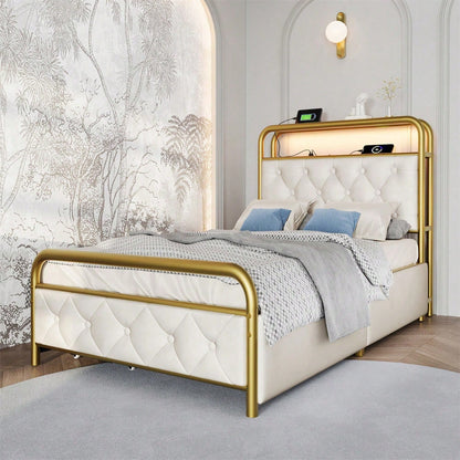 Polsterbett Einzelbett mit aufladen USB Type C Ladefunktion APP-Control LED Bettgestell Metallbett 90*200 Bettrahmen und 2 Schubladen, Samt