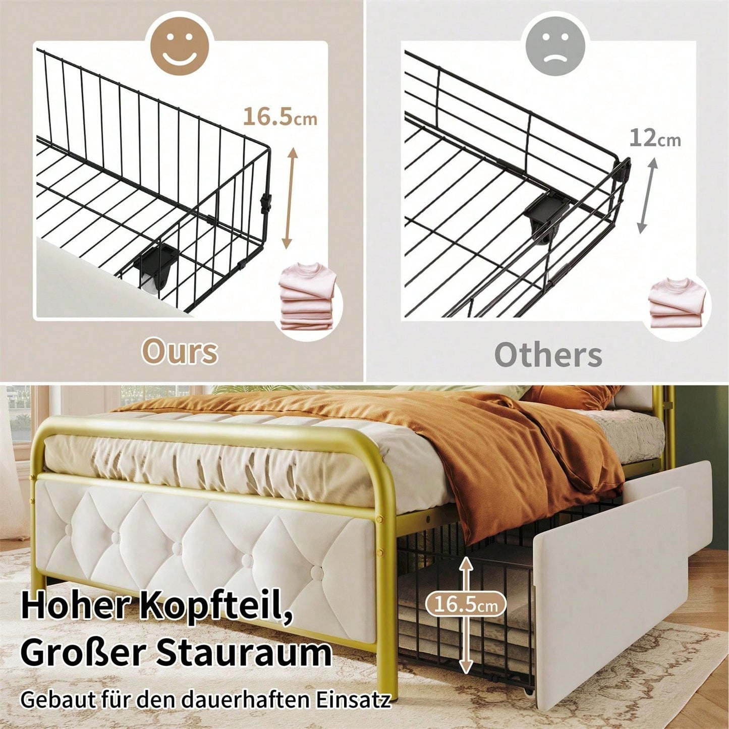 Polsterbett Einzelbett mit aufladen USB Type C Ladefunktion APP-Control LED Bettgestell Metallbett 90*200 Bettrahmen und 2 Schubladen, Samt