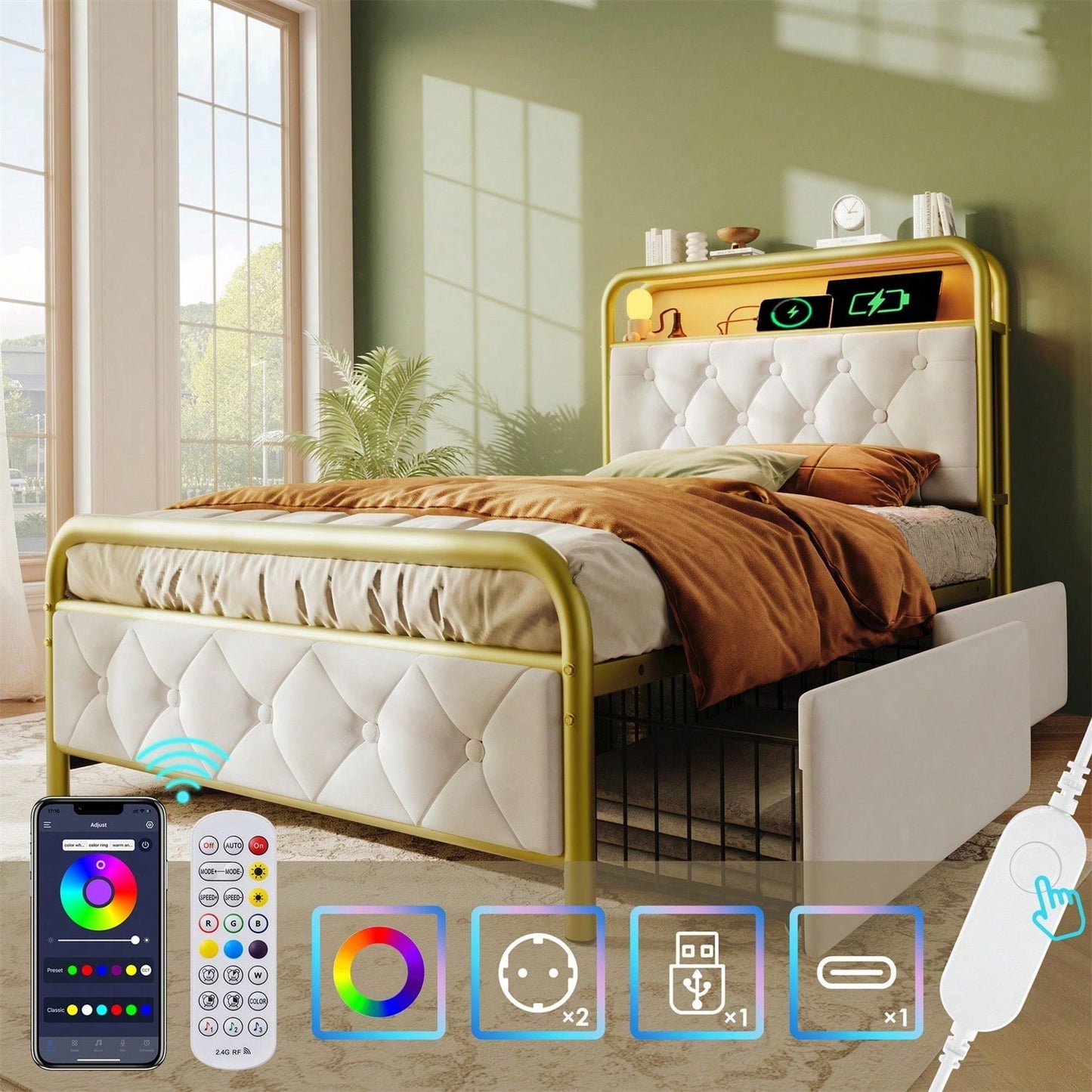 Polsterbett Einzelbett mit aufladen USB Type C Ladefunktion APP-Control LED Bettgestell Metallbett 90*200 Bettrahmen und 2 Schubladen, Samt