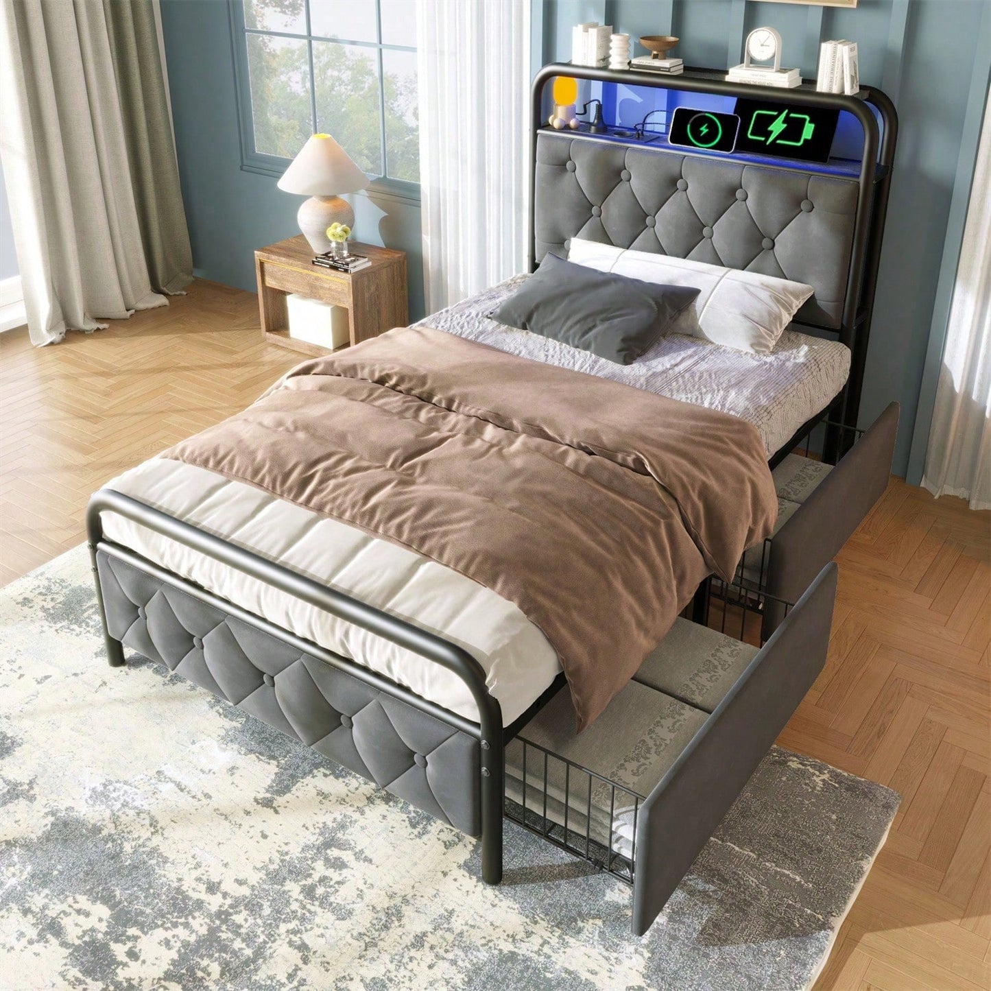 Polsterbett Einzelbett mit aufladen USB Type C Ladefunktion APP-Control LED Bettgestell Metallbett 90*200 Bettrahmen und 2 Schubladen, Samt