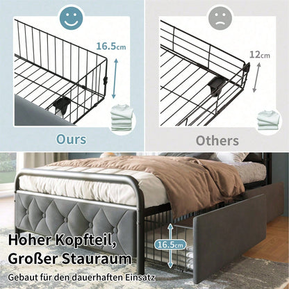 Polsterbett Einzelbett mit aufladen USB Type C Ladefunktion APP-Control LED Bettgestell Metallbett 90*200 Bettrahmen und 2 Schubladen, Samt