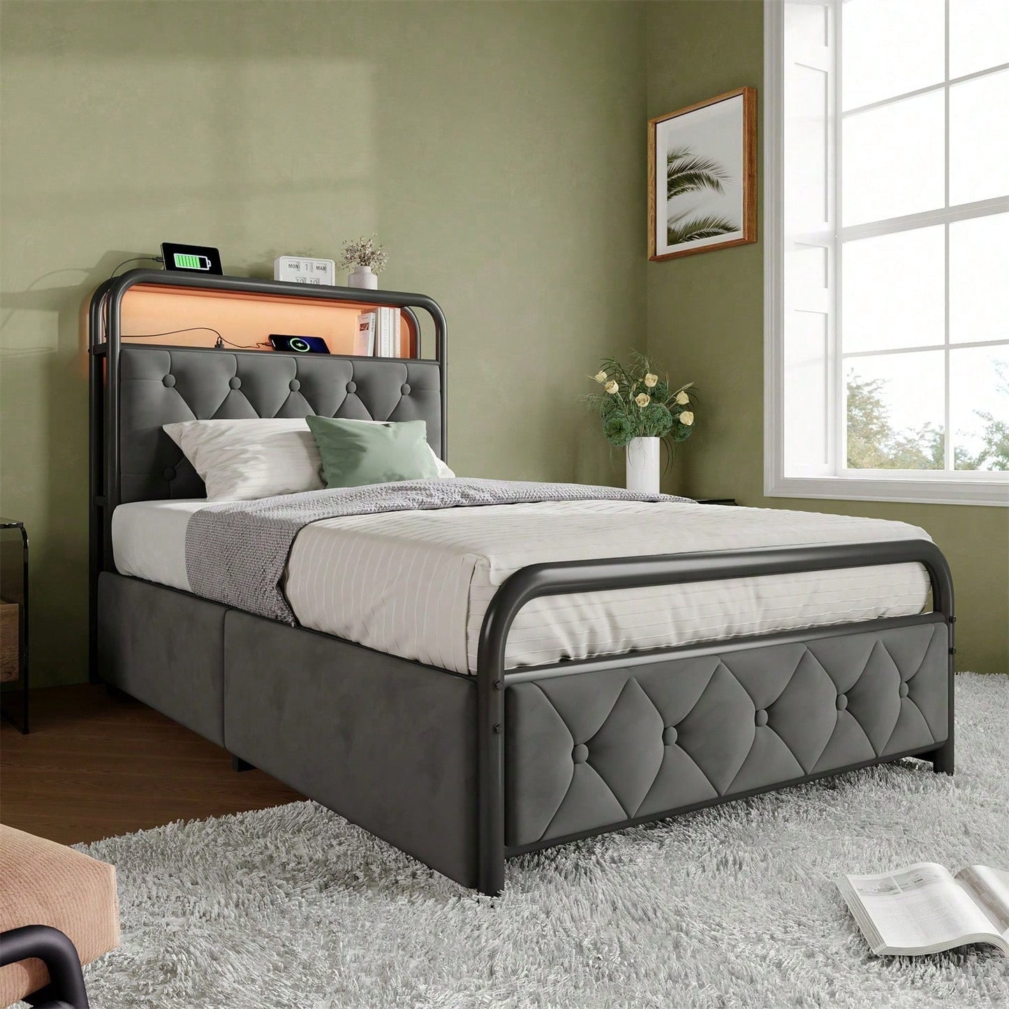 Polsterbett Einzelbett mit aufladen USB Type C Ladefunktion APP-Control LED Bettgestell Metallbett 90*200 Bettrahmen und 2 Schubladen, Samt