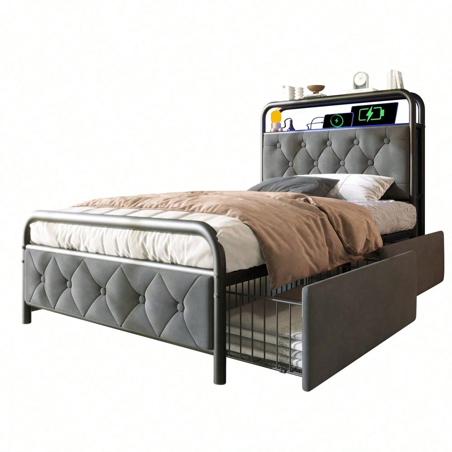 Polsterbett Einzelbett mit aufladen USB Type C Ladefunktion APP-Control LED Bettgestell Metallbett 90*200 Bettrahmen und 2 Schubladen, Samt