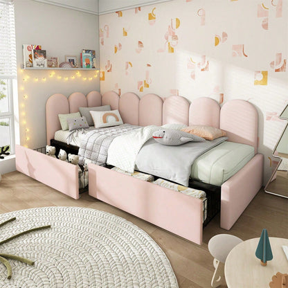 Polsterbett Einzelbett mit Schubladen Stauraumbett Samt Daybett Tagesbett Schlafsofa 90x200cm mit Lattenrost Jugendbett und Erwachsene Kinderbett,Rosa