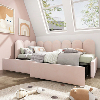 Polsterbett Einzelbett mit Schubladen Stauraumbett Samt Daybett Tagesbett Schlafsofa 90x200cm mit Lattenrost Jugendbett und Erwachsene Kinderbett,Rosa