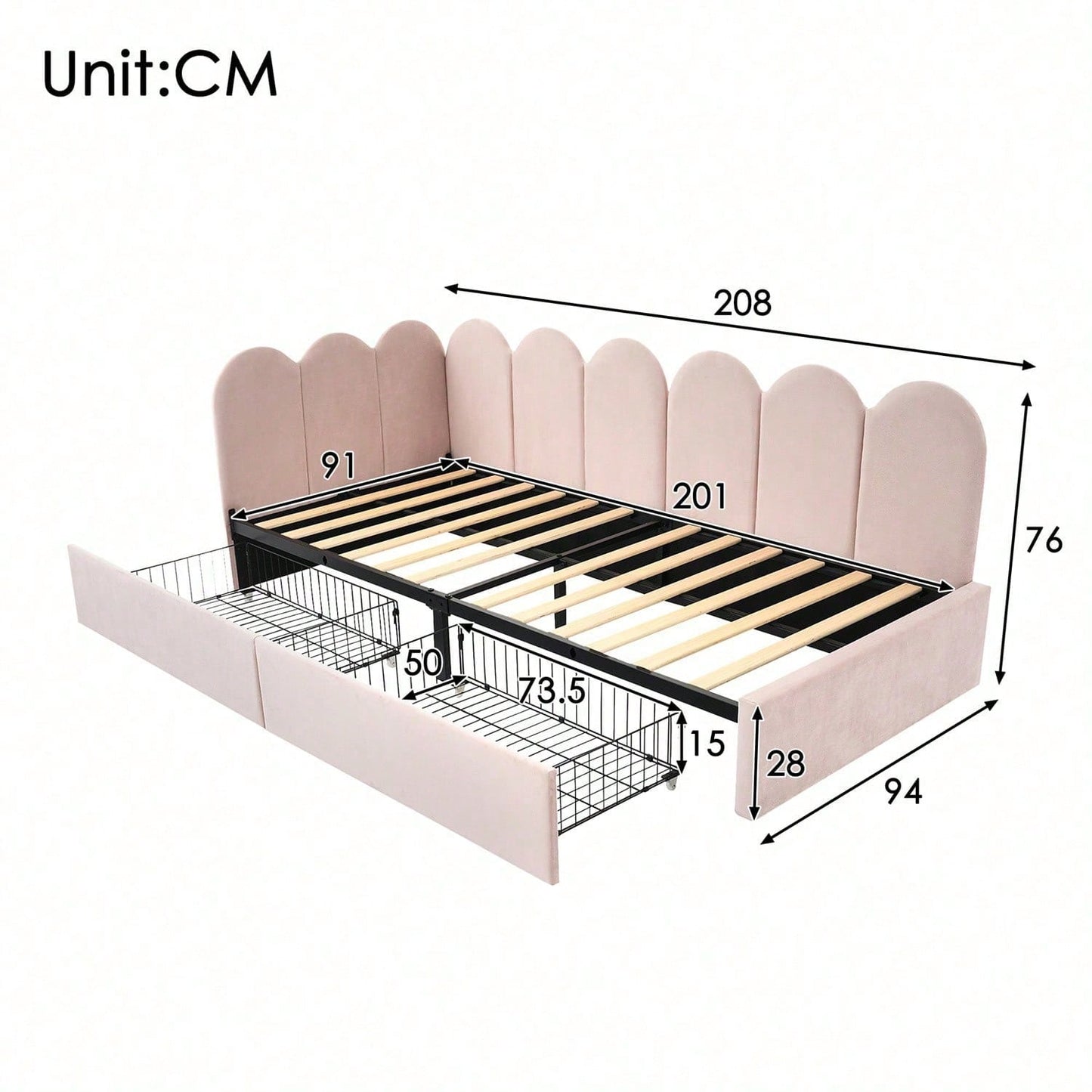 Polsterbett Einzelbett mit Schubladen Stauraumbett Samt Daybett Tagesbett Schlafsofa 90x200cm mit Lattenrost Jugendbett und Erwachsene Kinderbett,Rosa
