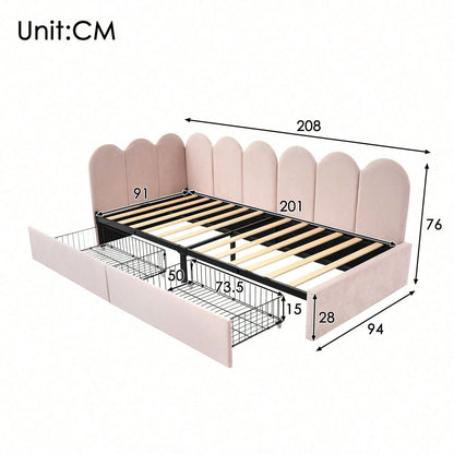 Polsterbett Einzelbett mit Schubladen Stauraumbett Samt Daybett Tagesbett Schlafsofa 90x200cm mit Lattenrost Jugendbett und Erwachsene Kinderbett,Rosa