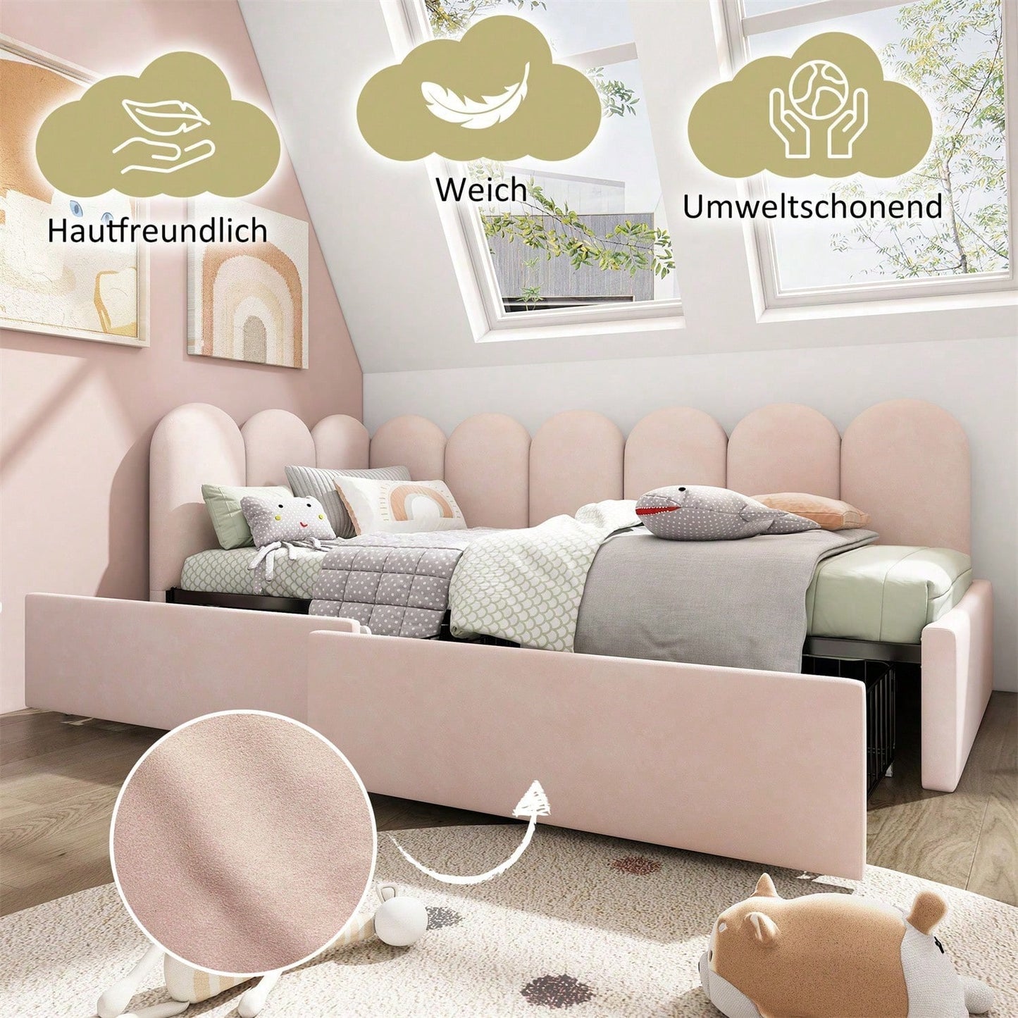 Polsterbett Einzelbett mit Schubladen Stauraumbett Samt Daybett Tagesbett Schlafsofa 90x200cm mit Lattenrost Jugendbett und Erwachsene Kinderbett,Rosa