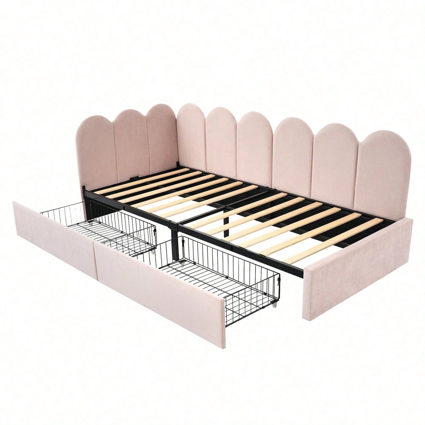 Polsterbett Einzelbett mit Schubladen Stauraumbett Samt Daybett Tagesbett Schlafsofa 90x200cm mit Lattenrost Jugendbett und Erwachsene Kinderbett,Rosa
