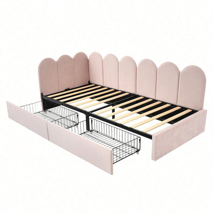 Polsterbett Einzelbett mit Schubladen Stauraumbett Samt Daybett Tagesbett Schlafsofa 90x200cm mit Lattenrost Jugendbett und Erwachsene Kinderbett,Rosa