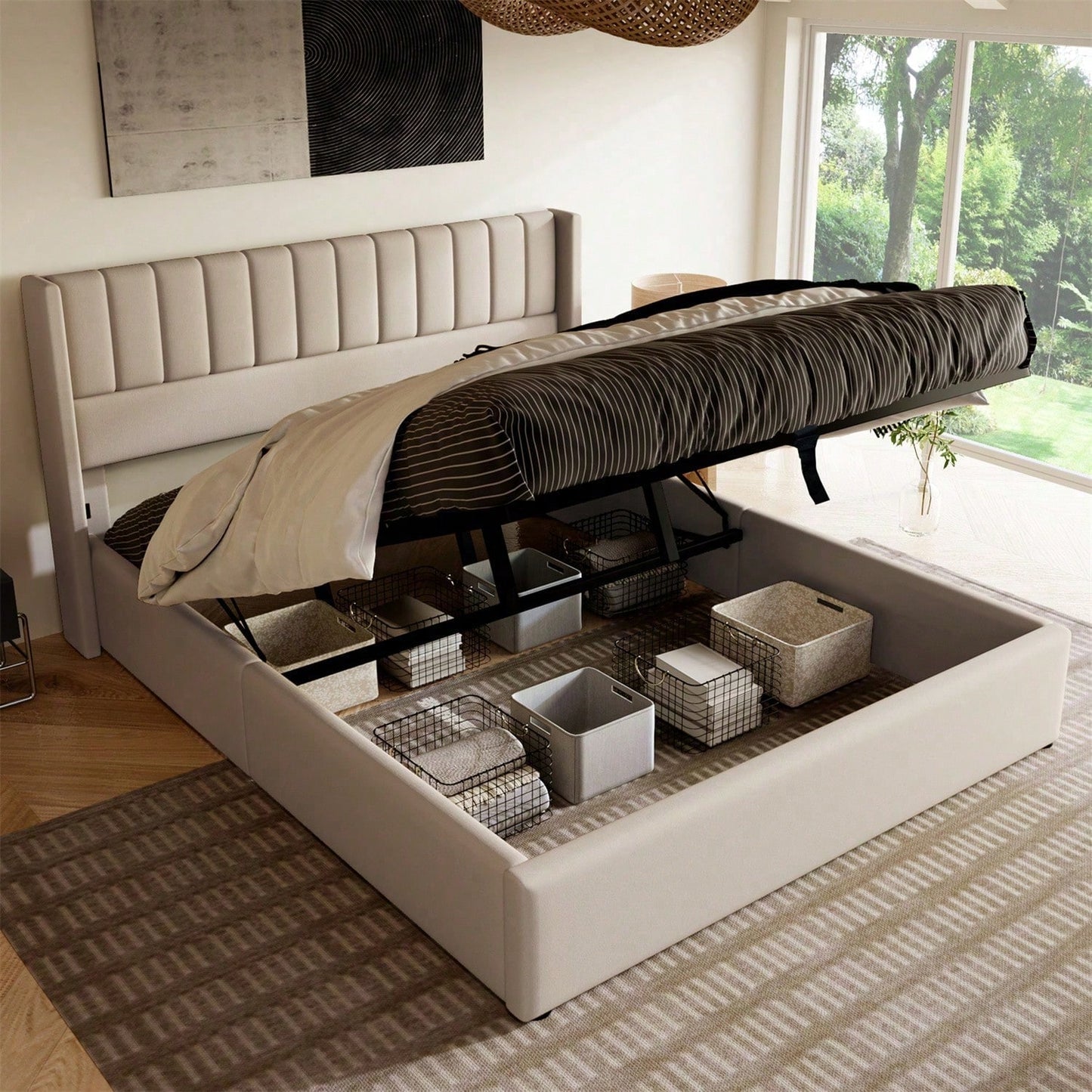 Stauraumbett Polsterbett Hydraulisch Doppelbett 160x200cm, Lattenrost aus Holz, Bett mit Lattenrost aus Metallrahmen, Leinen, Beige