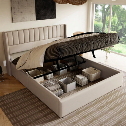 Stauraumbett Polsterbett Hydraulisch Doppelbett 160x200cm, Lattenrost aus Holz, Bett mit Lattenrost aus Metallrahmen, Leinen, Beige