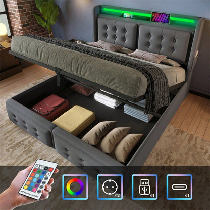 Polsterbett 180x200, Doppelbett mit Led-Kopfteil und USB C Ladefunktion, Hydraulisches Bett mit Lattenrost aus Holz und Metallrahmen, Belastbarkeit 300 kg,Grau,Baumwolle