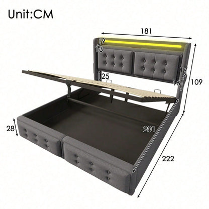 Polsterbett 180x200, Doppelbett mit Led-Kopfteil und USB C Ladefunktion, Hydraulisches Bett mit Lattenrost aus Holz und Metallrahmen, Belastbarkeit 300 kg,Grau,Baumwolle